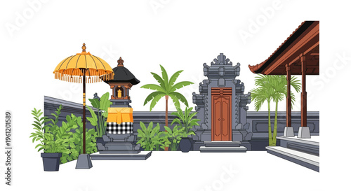 Traditional Balinese Hindu Temple Architecture with Candi Bentar Gate and Tedung Umbrella Vector Illustration
