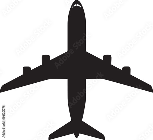 Airplane silhouette, black aircraft icon, plane vector, travel symbol