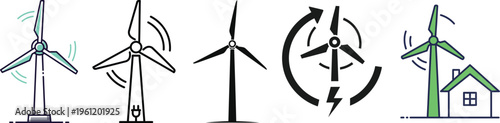 Wind turbine silhouette illustrations with a house showcasing renewable energy and sustainable living with silhouette