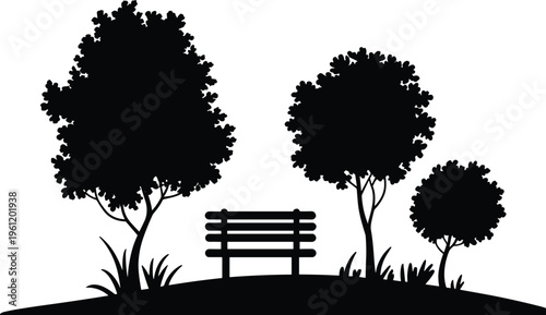 Black silhouette park scene with bench and trees on grassy hill, minimal outdoor vector illustration design for peaceful nature artwork