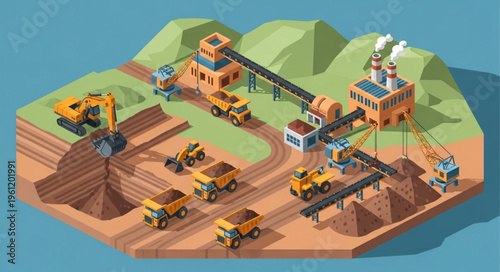 Isometric Mining Operation - Extracting Resources with Heavy Machinery.