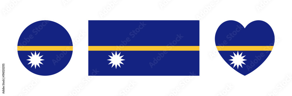 Fototapeta premium Flag of Nauru rectangular, rounded, heart shaped icon, sticker. National Nauru Flag circular button, banner. Round Nauru flag badge, background. Set of Flag in circle, rectangle, heart shape.