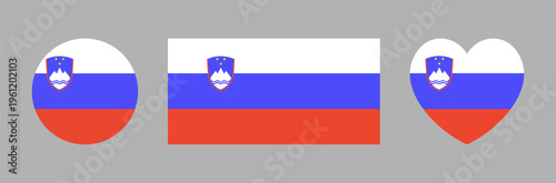 Rectangle, circle, heart shaped flag of Slovenia icon, sticker, button. Set of state round, rectangular, heart symbol of Republic of Slovenia banner, background.
