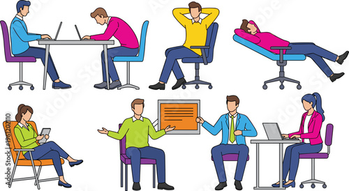 Corporate Business Characters Vector Set Featuring Office Employees Working on Laptops, Giving Presentations, Relaxing in Chairs, and Practicing Proper Ergonomic Workplace Postures