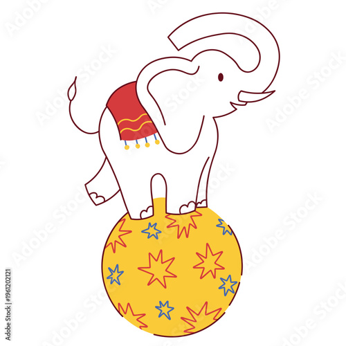 Cute circus elephant balancing on a ball. Flat vector illustration in playful children’s style, perfect for nursery decor, kids posters, birthday invitations, party decorations, and circus-themed 