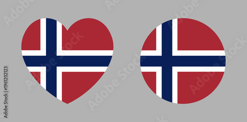 Norway flag round, heart shaped sticker, banner. Set of Flag of Norway button, badge. National circle, heart flag Norway icon, template, background.