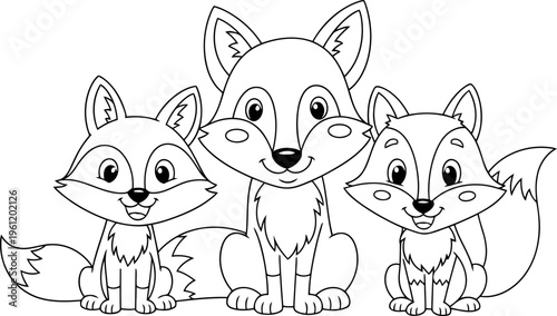 Three adorable cartoon fox kits playing together