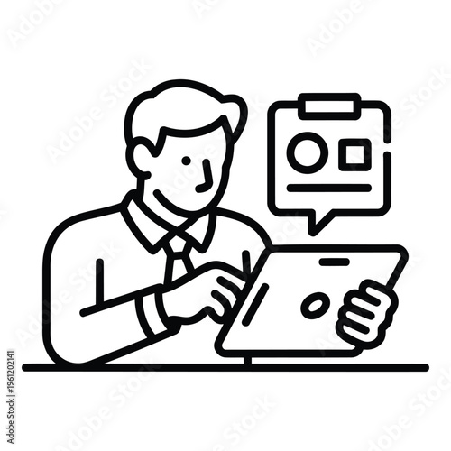 man using tablet eps with interface icons simple outline style showing digital work communication and technology concept for business and online activity