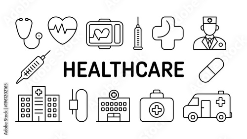 Minimal Healthcare Poster with Thin Line Medical Icons – Clean Hospital and Care Symbols