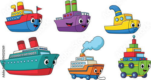 Cute Cartoon Ships and Boats Collection with Smiling Characters for Kids Illustration Fun Marine Transport Vehicles and Playful Nautical Design Set