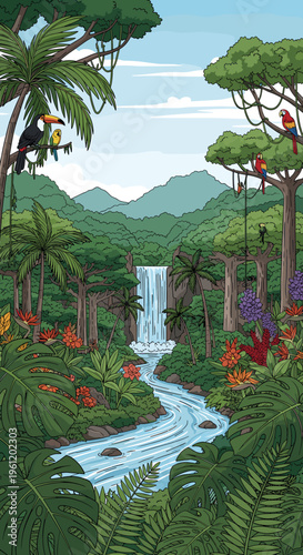 Lush tropical rainforest with a cascading waterfall and a winding river, surrounded by dense foliage and exotic birds.