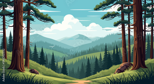 A serene forest landscape with rolling hills and majestic trees under a cloudy sky.