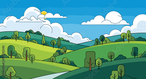 A vibrant, stylized illustration of rolling green hills under a bright blue sky with fluffy white clouds and a shining sun.