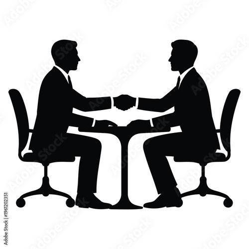 two men sitting handshake eps silhouette style showing business partnership agreement meeting negotiation and corporate deal concept in simple black design