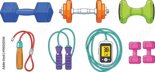 Fitness Equipment Icon Set with Dumbbells, Jump Rope, Digital Tracker, and Workout Tools for Gym Training, Home Exercise, and Healthy Lifestyle Design