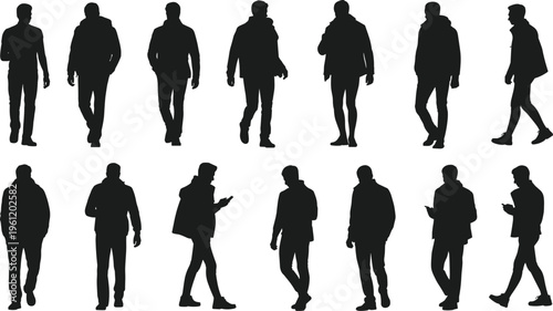 Collection of black silhouettes featuring men wearing jackets walking and using phones isolated on white background for urban lifestyle designs.