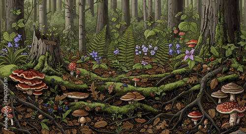 A richly detailed pixel art illustration of a vibrant forest floor teeming with various mushrooms, ferns, moss, and wildflowers under tall trees.
