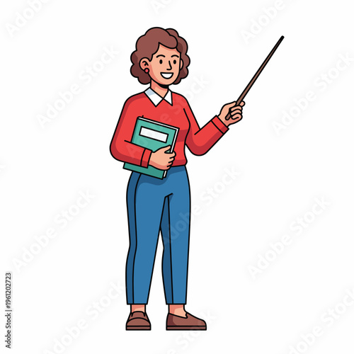 Woman holding books and pointer stick.