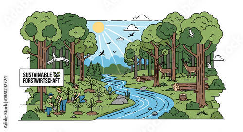 An illustration of sustainable forestry practices with people planting trees, a river, deer, and diverse forest ecosystem under a sunny sky.