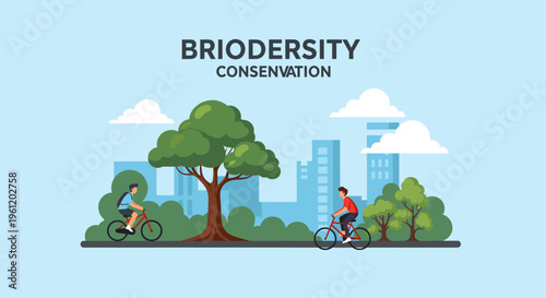 Illustration of people cycling in a park with trees and city buildings, promoting biodiversity conservation and a healthy lifestyle.