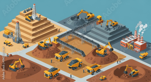 Isometric Mining Operation - Extracting Resources with Heavy Machinery.