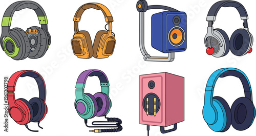 Headphones and Audio Equipment Collection with Wireless Headsets Speakers and Studio Sound Devices for Music Listening Entertainment and Technology Illustration Set