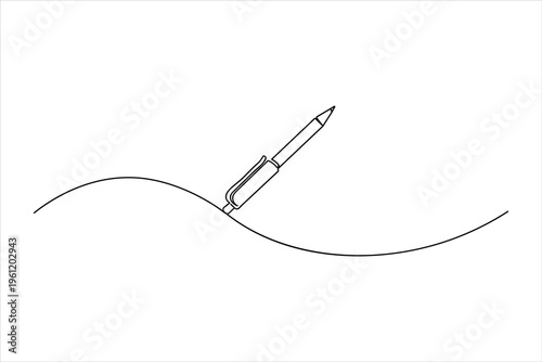 Minimalist one-line art of a pen following a continuous wavy path. Elegant vector illustration for writing, creativity, and office stationery design.