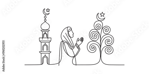 ramadan kareem muslim woman praying outdoors by mosque