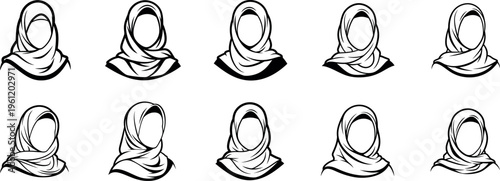 Black and White Hijab Woman Silhouette Vector Set. Minimalist Muslim Female Portraits with Headscarves for Fashion, Beauty, Logo Design, Avatar, and Islamic Culture Illustrations.