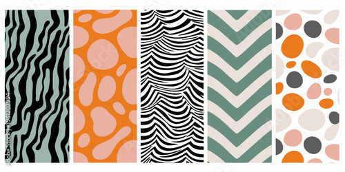 A collection of six vertically oriented patterned fabric swatches