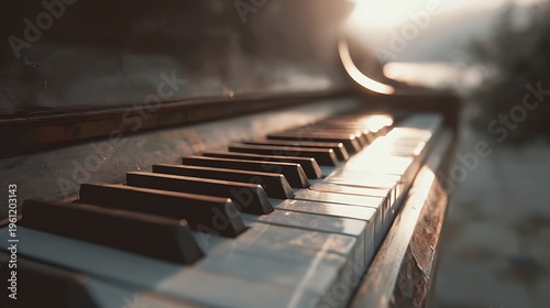 Close-up of piano keys in soft, golden sunlight, blurred outdoor background