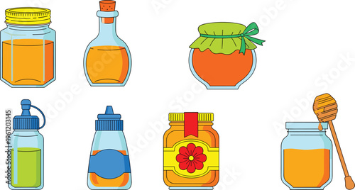 Honey Jars and Bottles Collection with Glass Containers Dipper and Organic Sweet Food Illustration for Natural Beekeeping Product Packaging and Healthy Nutrition Design