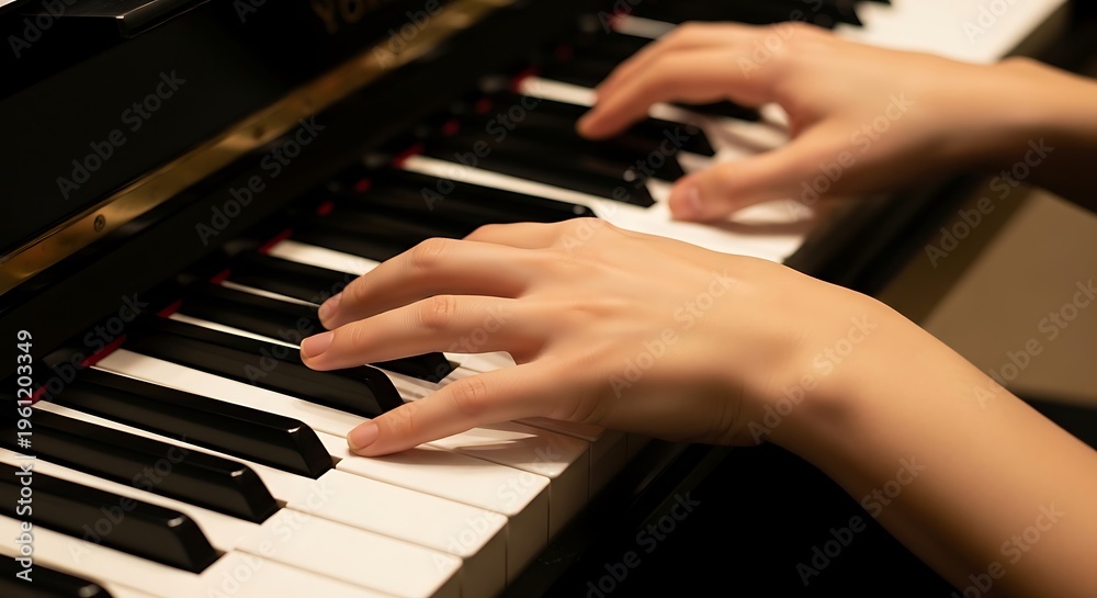 Fototapeta premium Close-up view of hands playing a piano, focused on fingers and keys