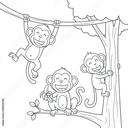 Three playful monkeys on a tree branch