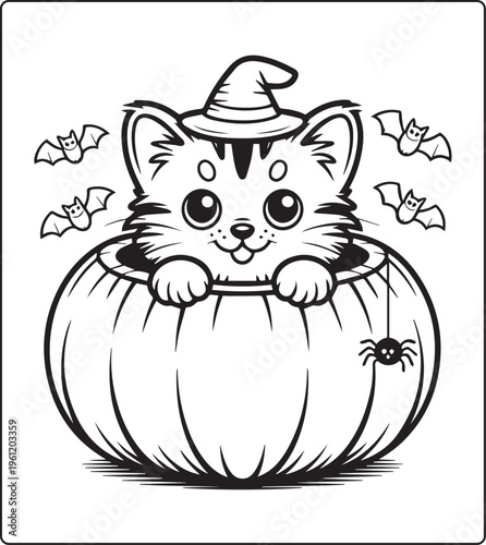 Cute halloween cat sitting on a pumpkin coloring pages for kids, vector line art illustration for children book design