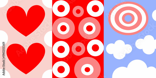 Colorful geometric patterns featuring hearts circles and target shapes
