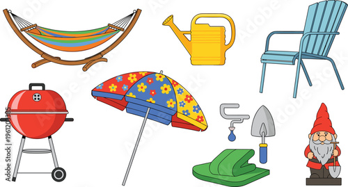 Outdoor Garden and Backyard Leisure Icon Set with Hammock, BBQ Grill, Watering Can, Patio Chair, Sun Umbrella, Garden Gnome, and Planting Tools