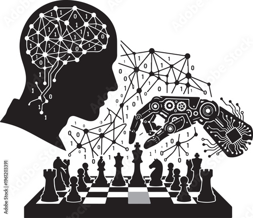 Canvas Print Strategic Chess Match Between Human and Robotic Arm with Neural Network Lines