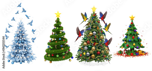Four differently decorated christmas trees