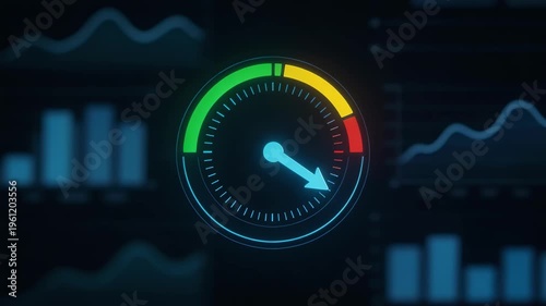 Focused view of a digital cockpit displaying AI risk analysis for small business credit decisions with outoffocus financial graphs surrounding the main screen.
