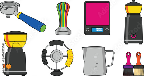 Professional Barista Tools Vector Set with Coffee Grinder, Portafilter, Tamper, Digital Scale, Milk Pitcher, and Cleaning Brushes for Cafe and Espresso Designs