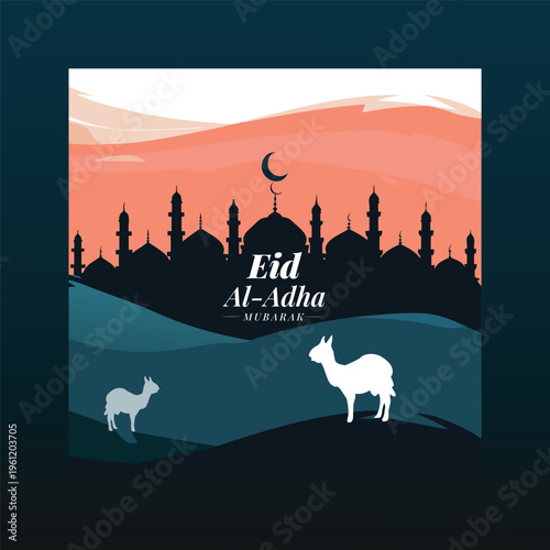 Eid al-adha mubarak greeting card with mosque silhouette