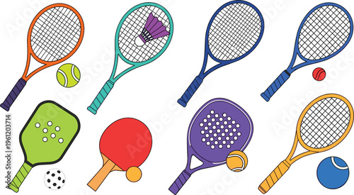 Racket Sports Equipment Collection with Tennis Badminton Ping Pong and Paddle Gear Balls and Accessories for Active Lifestyle Fitness and Game Illustration Set