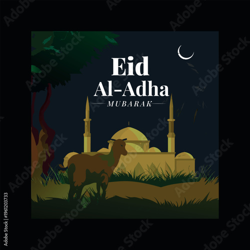 Eid al-adha mubarak greeting with mosque and goat