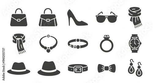 Fashion Accessories Icon Set - Stylish Handbags, Shoes, Jewelry, and More.