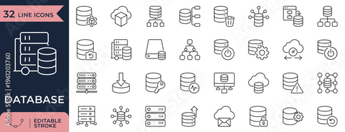 Database storage, server and cloud data management outline icon set for apps