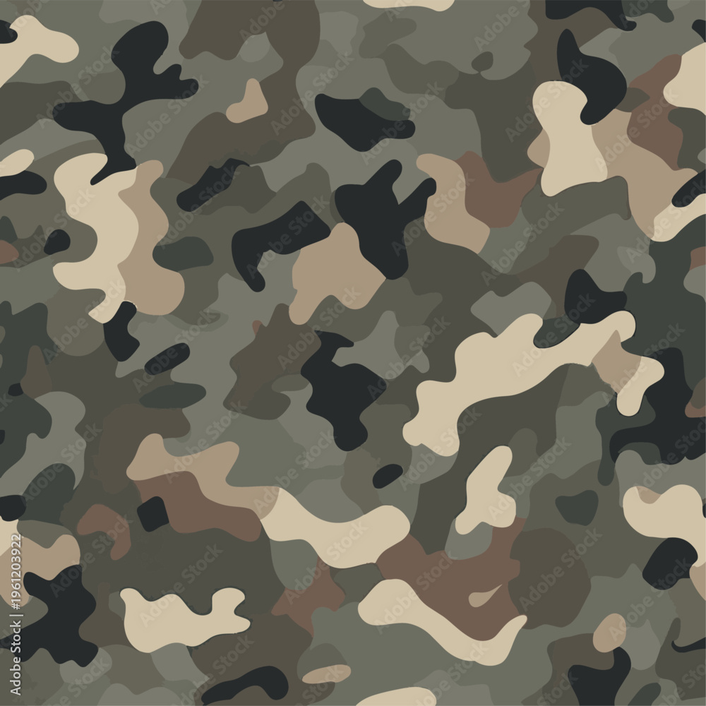 Naklejka premium Seamless Urban Grey Camouflage Pattern. Modern Tactical Camo Texture with Charcoal and Neutral Earth Tones. Military Background for Hunting Fabric, Uniform, Wallpaper. Abstract Vector Graphic Design.