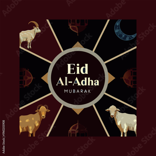 Eid al-adha mubarak greeting card with goat and sheep illustrations