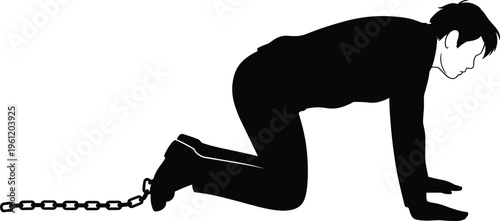 Black silhouette of a man crawling on the ground with a metal chain attached to his leg representing struggle and debt