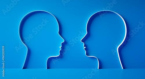 Obraz na plátně Two mirrored head outlines facing each other in front of a vibrant blue wall
